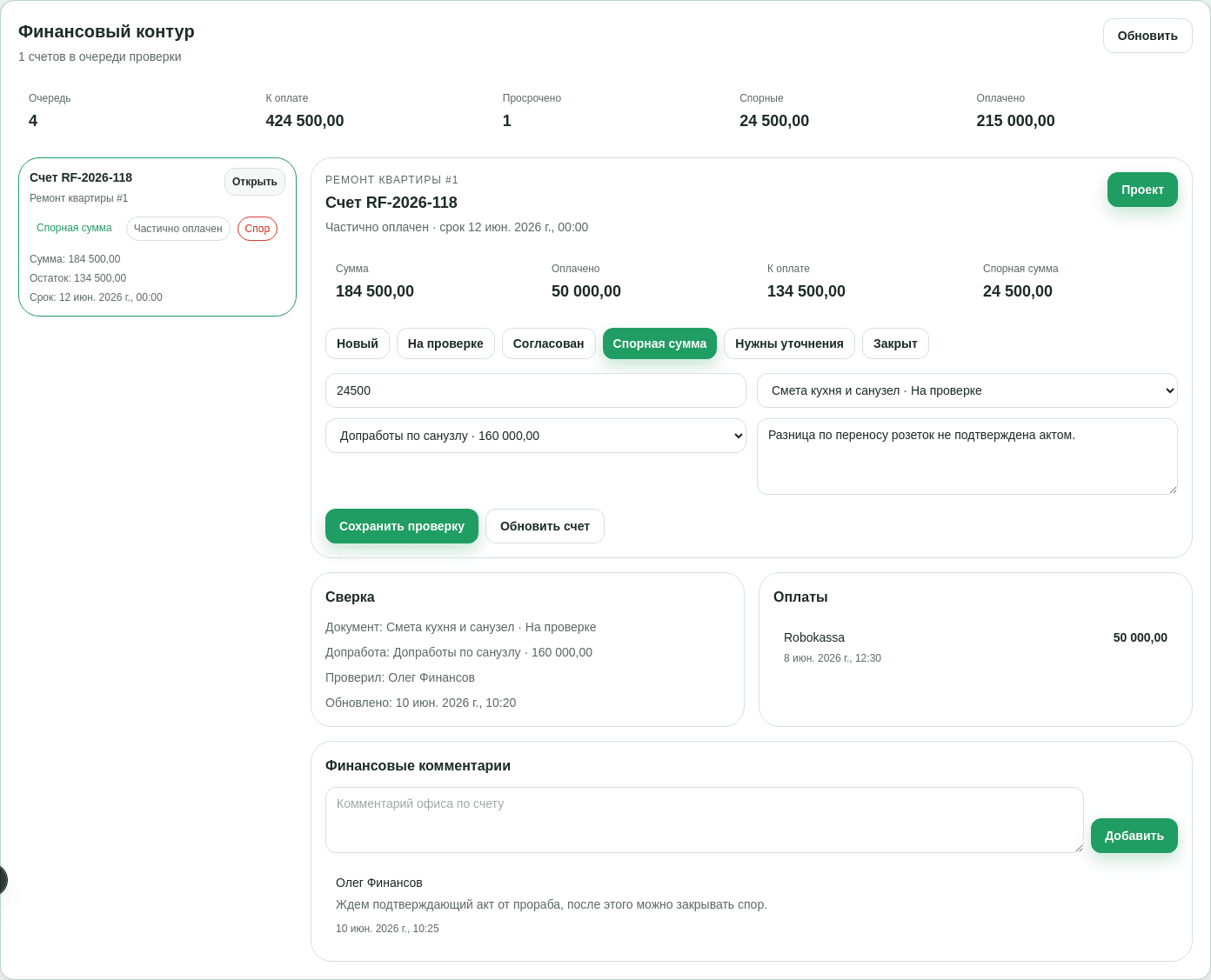 Финансовая очередь RemontFlow со счетами, оплатами, спорными суммами и проверкой офиса